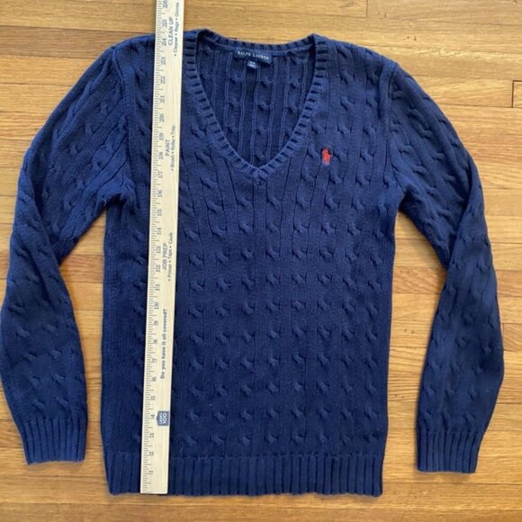 Vtg Ralph Lauren Sweater Womens Medium Navy Cable Knit V Neck Red Pony Pullover - Picture 4 of 10